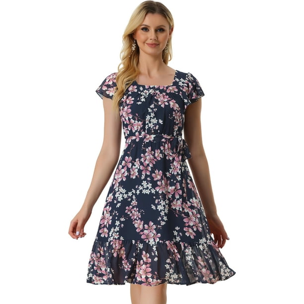 Vestido Dobladillo Con Volantes Aleteo Mangas Cuello Cuadrado Con Cinturón Para Mujeres Azul Rosado XS