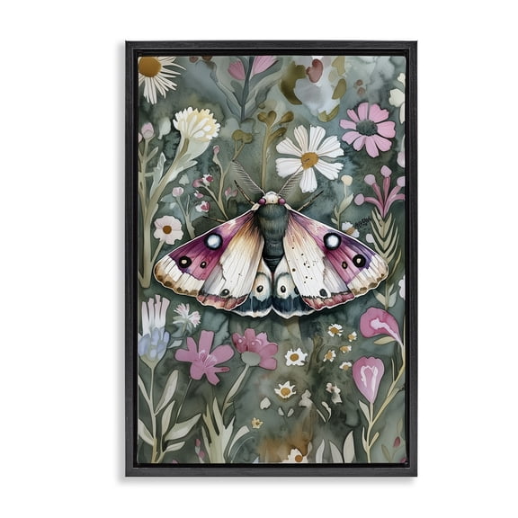 Stupell Industries Beautiful Moth over Florals Floral Painting Black Floater Framed Canvas Art Print Wall Art, 17 x 25
