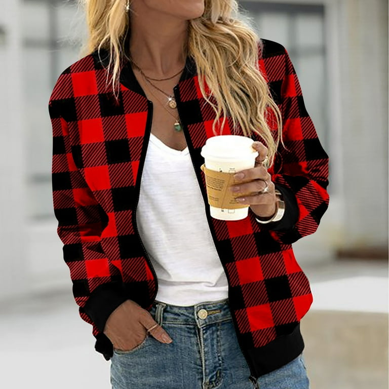 Women Casual Jacket Classic Plaid Bomber Jacket Zip Up Lightweight Stand Collar Jacket Coat Windbreaker Outwear