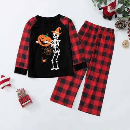 

ERTUTUYI Halloween Funny Pumpkin Skeleton Plaid Print Long Sleeve T Shirt Top And Pants Holiday Family Matching Pajamas Outfit Black 110