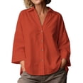 thumbnail image 2 of Molidfa Women's V-Neck 3/4 Sleeve Solid Button-Front Casual Shirt, 2 of 5