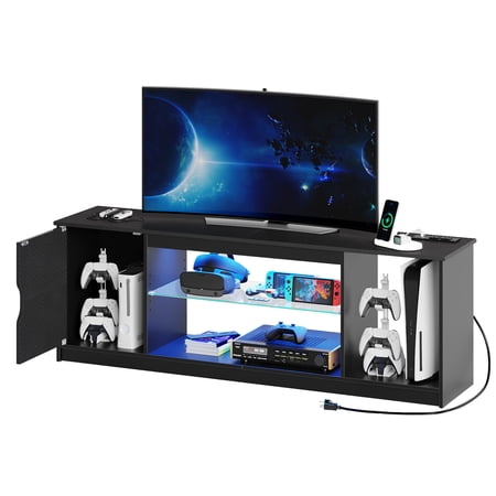 Bestier LED TV Stand for TVs up to 65", Entertainment Center with Power Outlet & Storage Cabinet, Carbon Fiber