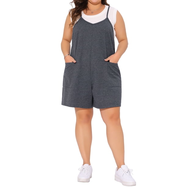 FAB CURVES Mono de Talla Grande para Mujeres 2025 Verano Casual Sin Mangas Tirantes Espagueti Pantalones Cortos Overalls Jumpsuit 3X Gris