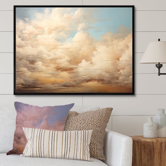 Designart "Neutral Clouds Minimalist Sky I" Clouds Floater Framed Wall Art Prints