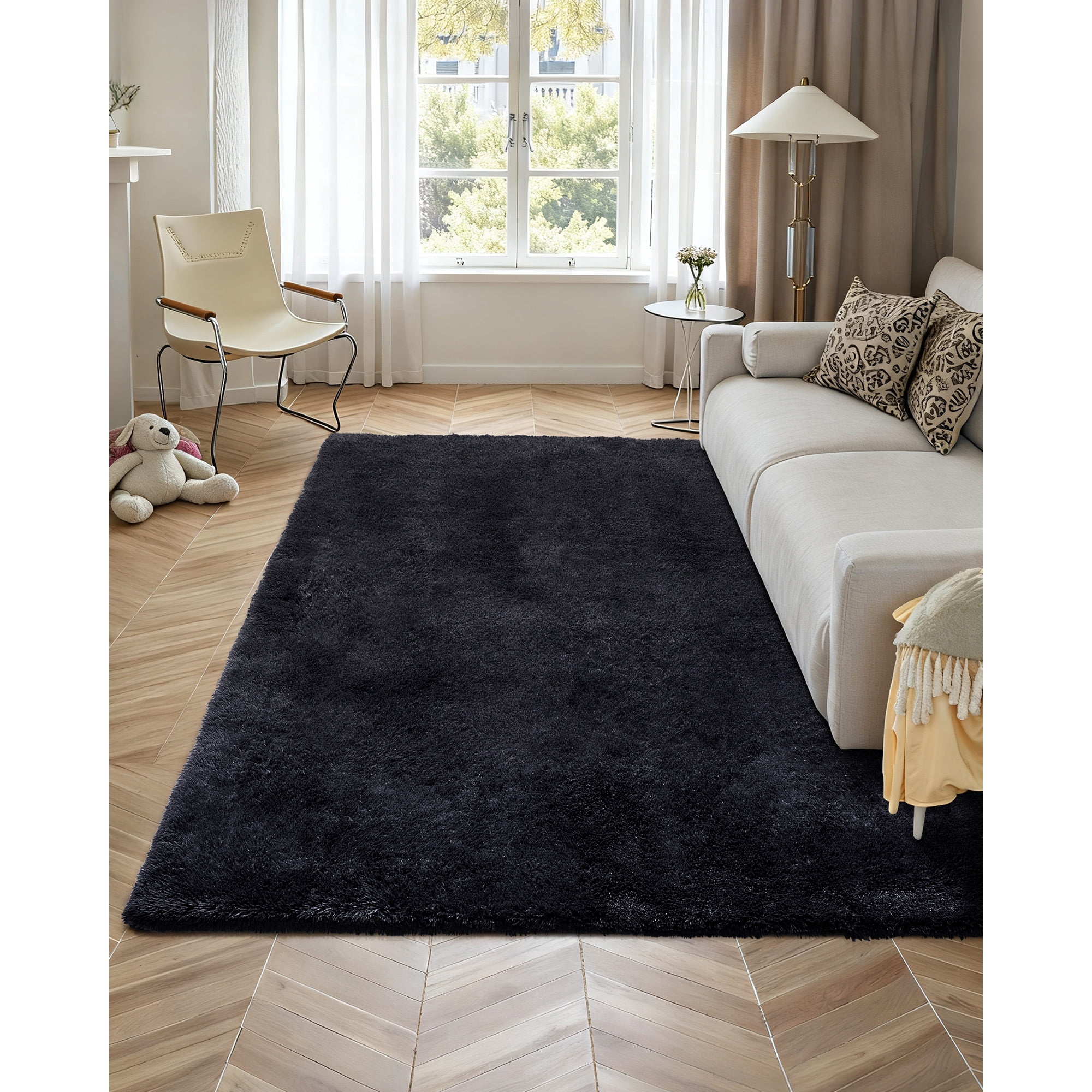 KFFKFF Indoor Plush Area Rugs, 8 x 10 ft Soft Shag Carpet, Furry Area Rugs for Living Room, Bedroom, Sunroom, Modern Home Decor, Non-Shedding, Non-Woven, Slip-Resistant, Black