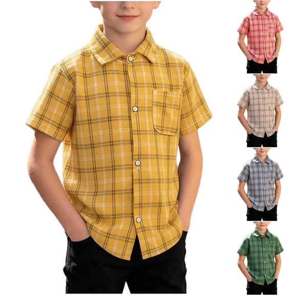 Asxite Toddler Boys Shirts Plaid Print Short Sleeve Turn Down Collar Casual Summer Tops 1-12Y