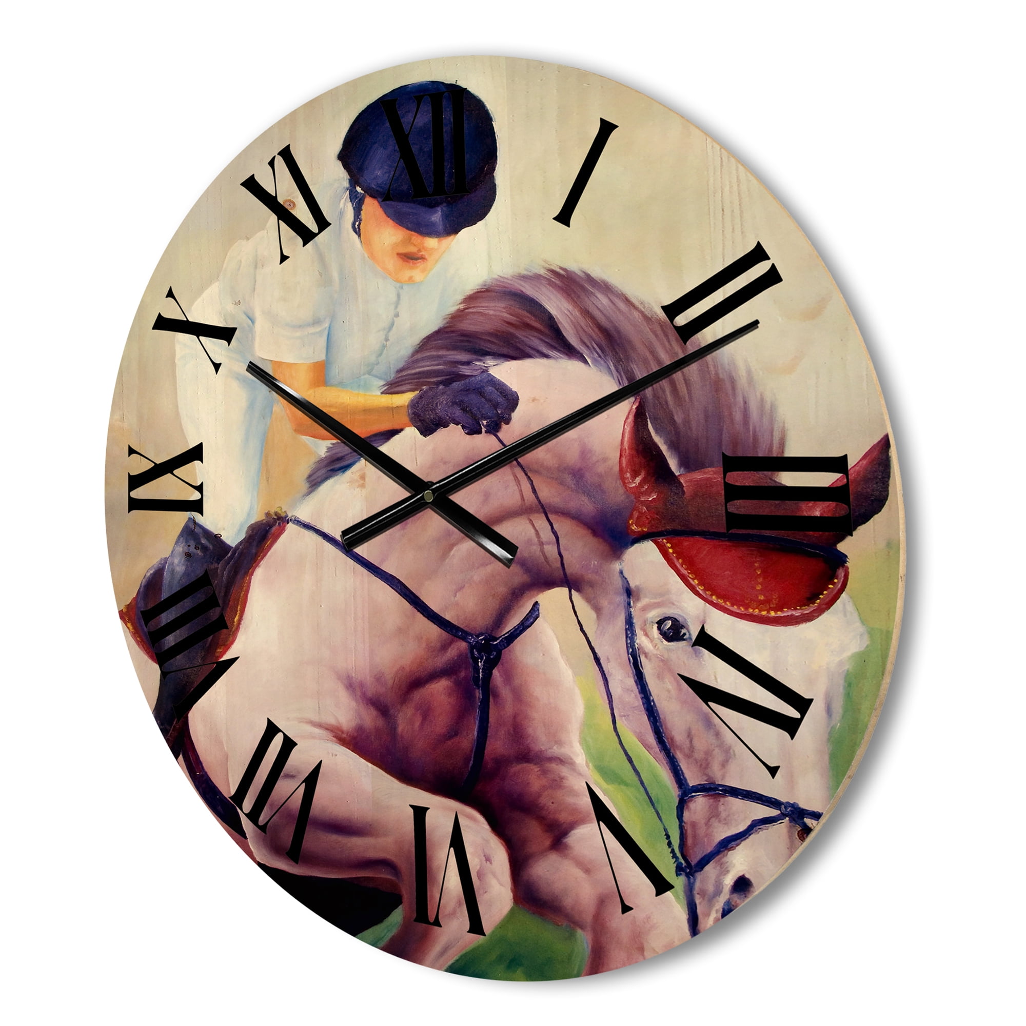 Designart 'Jockey On Galoping Pink Horse' Farmhouse Wood Wall Clock