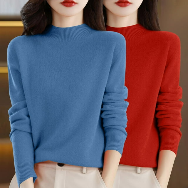 Chandail à Col Rond pour Femmes, Automne et Hiver, 2 Pcs, Couleur Unie, Doux et Confortable