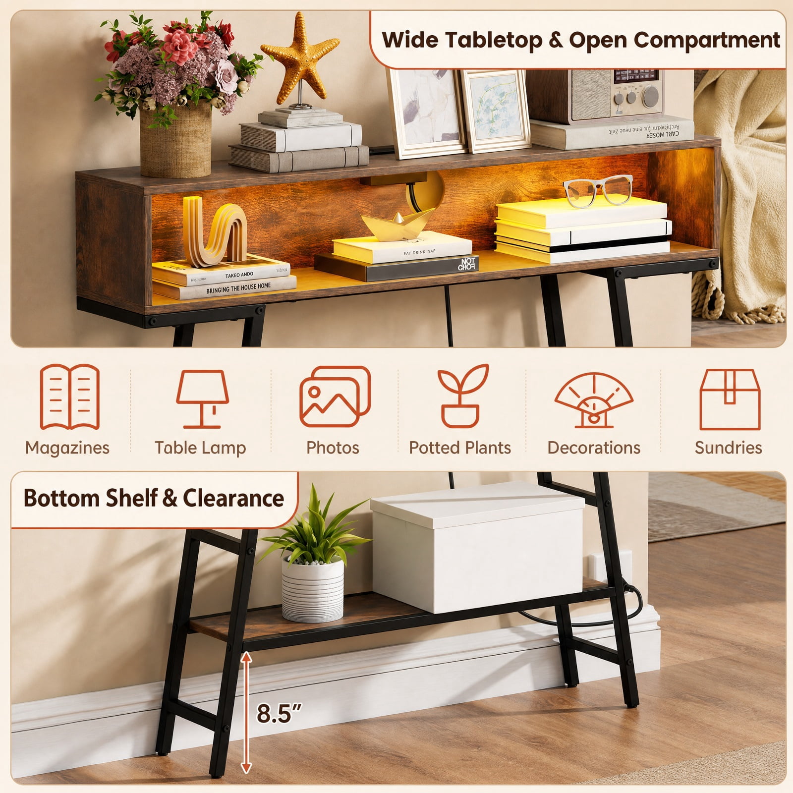 Furnibear 40 Inch Entryway Console Table with USB Type-C AC Charging Station and App Controlled RGB LED Lights for Hallway, Rustic Brown