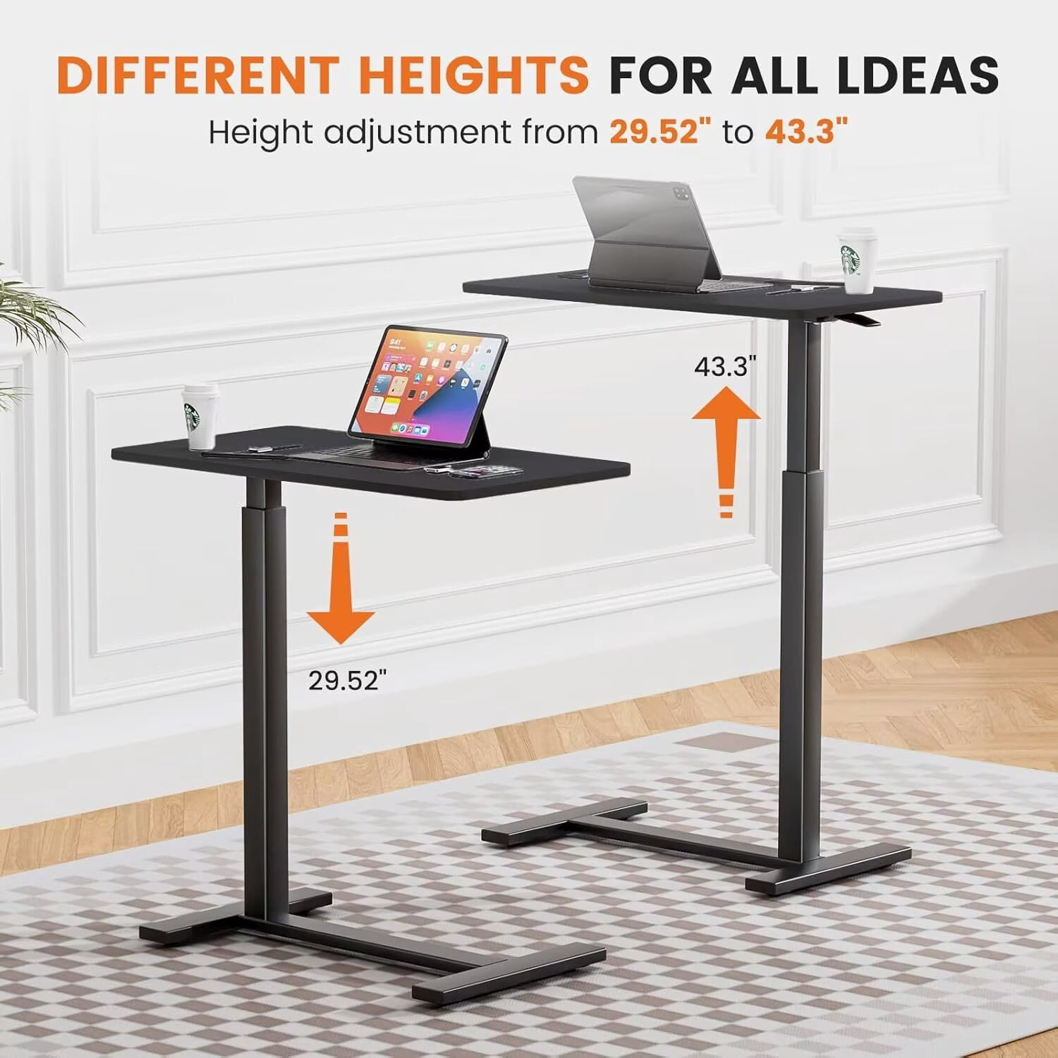 Simple Deluxe Overbed Bedside Table with Hidden Casters, Adjustable Pneumatic Mobile Laptop Computer Standing Desk, Rolling Laptop Table, Movable Overbed Table Hospital Home Use, Black