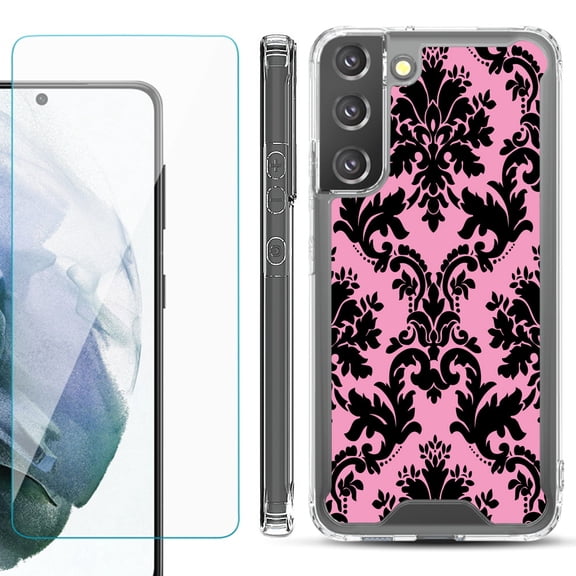 Shockproof Bumper Phone Case for Samsung Galaxy S22 5G, with Tempered Glass Screen Protector, by OneToughShield ® - Victorian Pink/Black