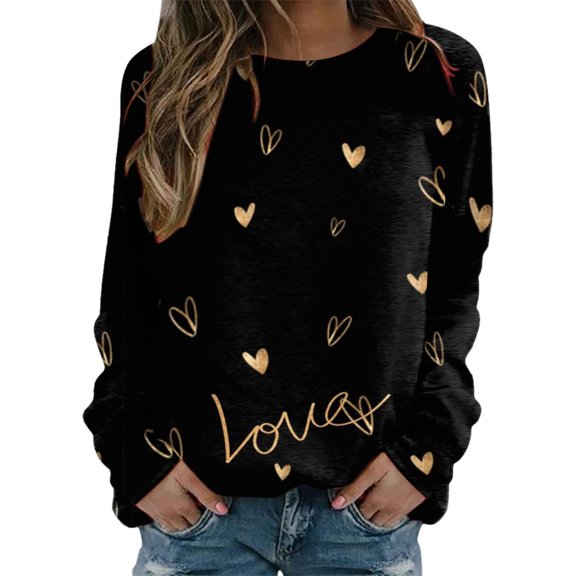 Valentines Womens Crewneck Sweatshirt Casual Relaxed Fit Hoodless Sweatshirt Valentine's Day Print Blouse Long Sleeve Pullover Tops Graphic Sweatshirts