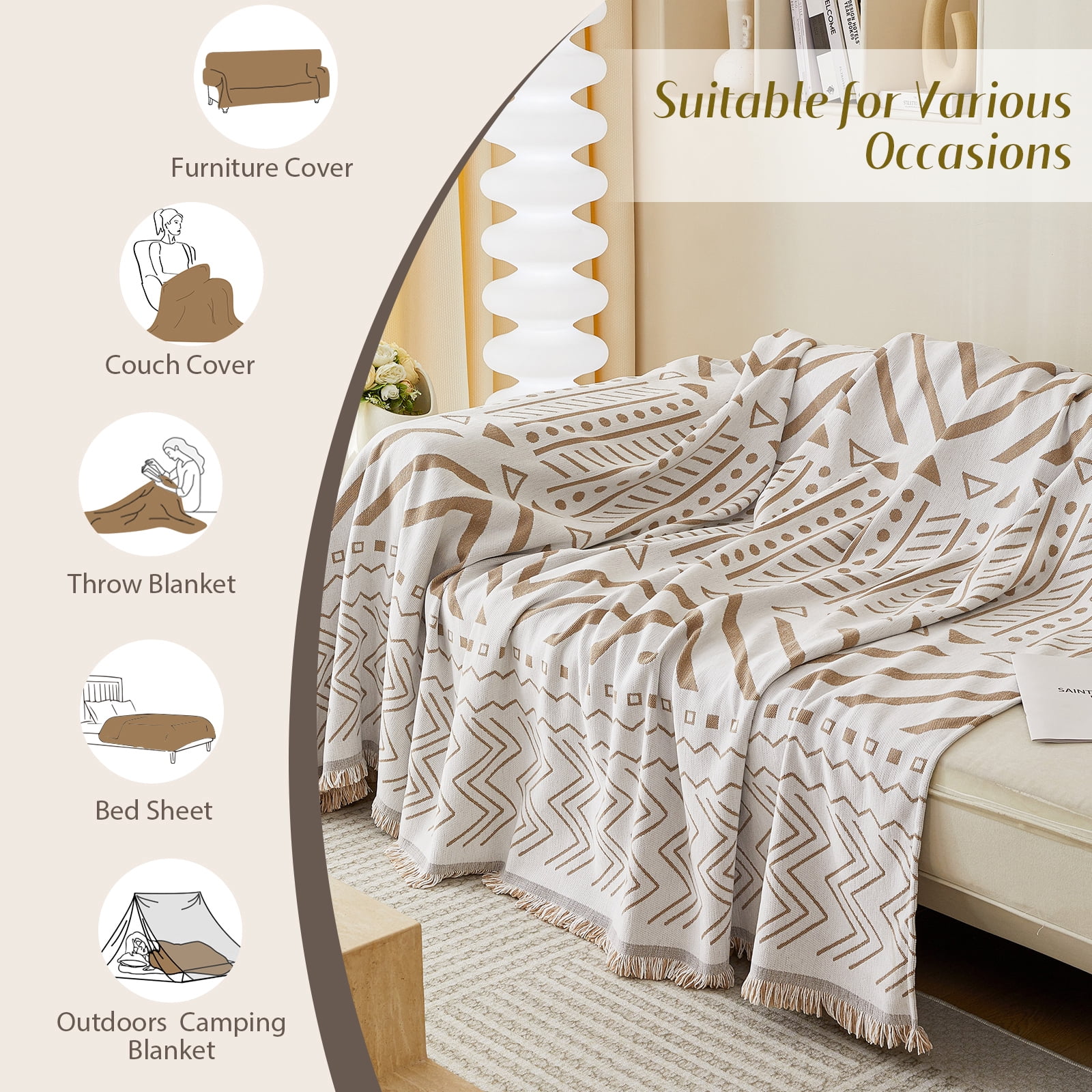 WOOW DEPOT Boho Chenille Sofa Cover Reversible w/ Tassel, Washable Throw Blanket L Shape Slipcover for 2 Cushion Couch, Taupe & White Geometric, 71"x118"