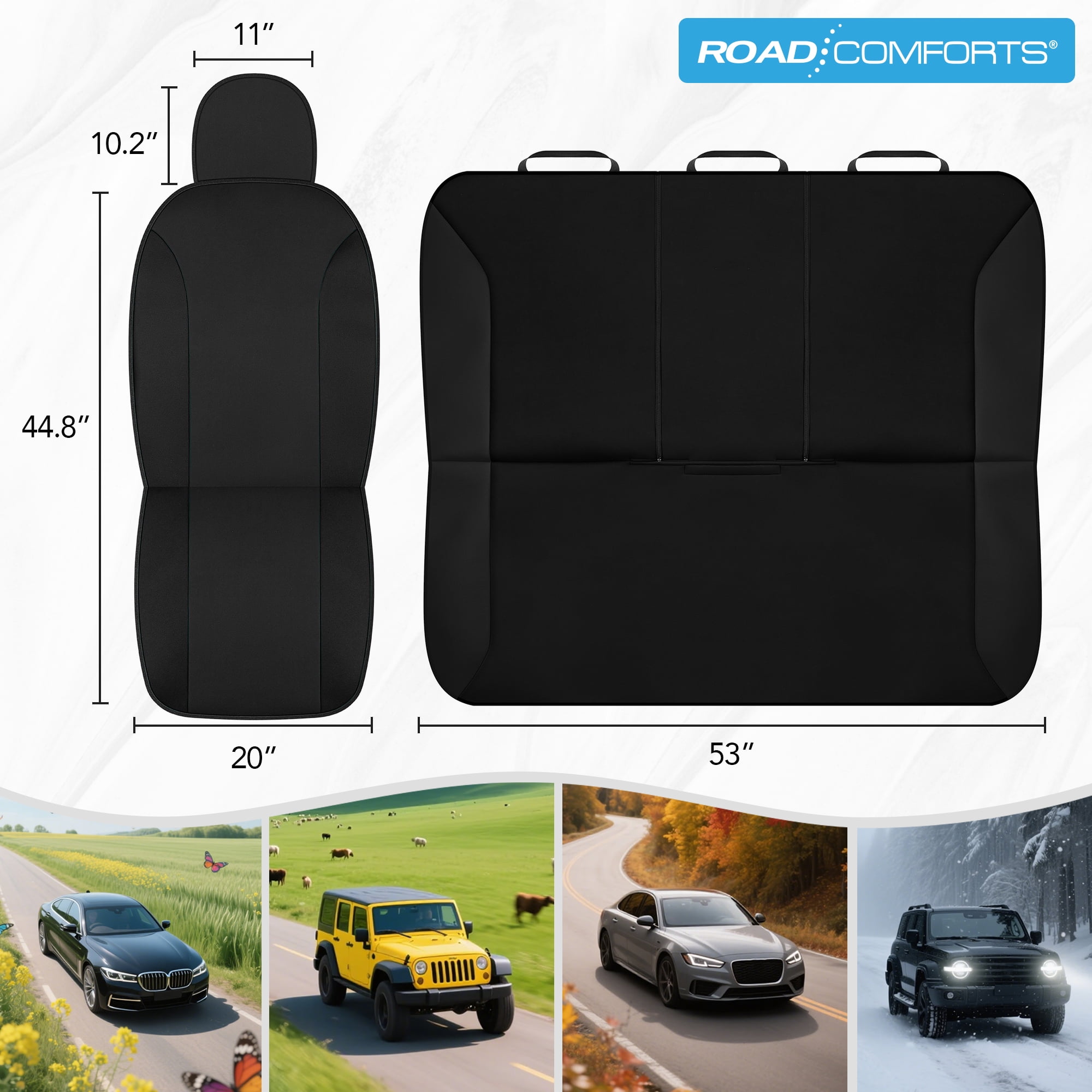 Road Comfort PolyPro Car Seat Covers Full Set – Front and Rear Split Bench, Easy to Install Cover Set, Univesal Fit For Auto Trucks Van SUV - Black