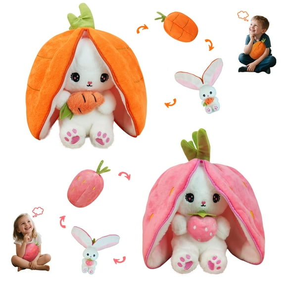 Easter Bunny Stuffed Animal Plush Pillow Cute Bunny Stuffies Hiding Under Carrot/Strawberry Kawaii Toy Pillow Decoration Gift for Girlfriends and Children 9.8inch
