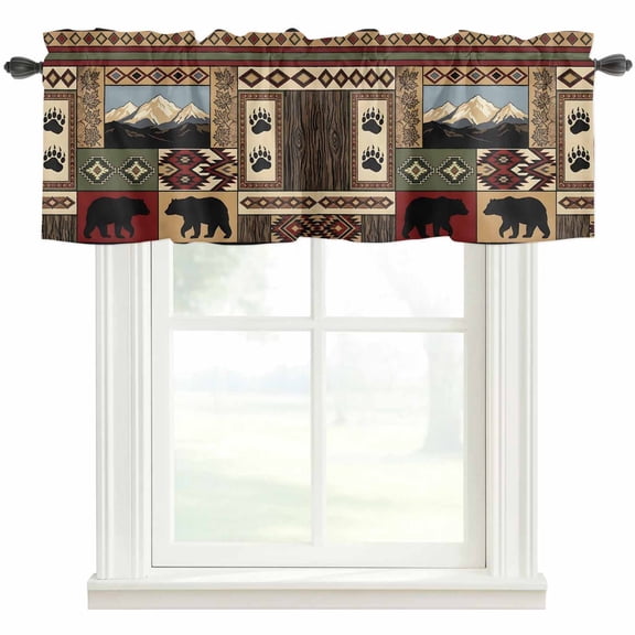 Lodge Bear Cabin Valances for Windows Farmhouse Kitchen Curtains Valances Rod Pocket Valance Curtains for Kitchen Windows Vintage Brown Buffalo Plaid Boho Window Valances for Bathroom Bedroom 42"x18"