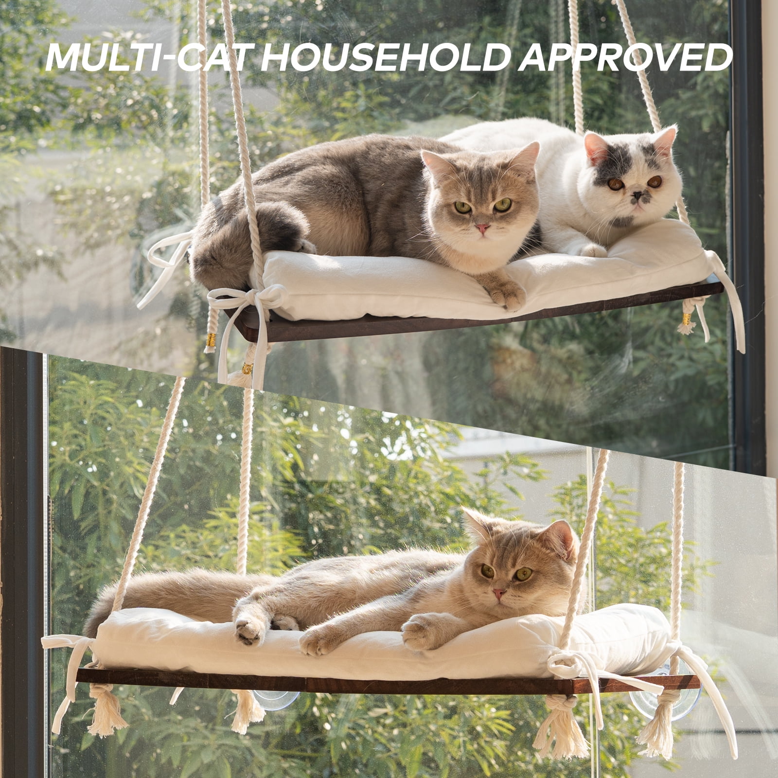 CheerPals Cat Window Perch with Cushion, 27.5*15In Solid Wood Hammock Bed, 45lb Capacity for Indoor Cats