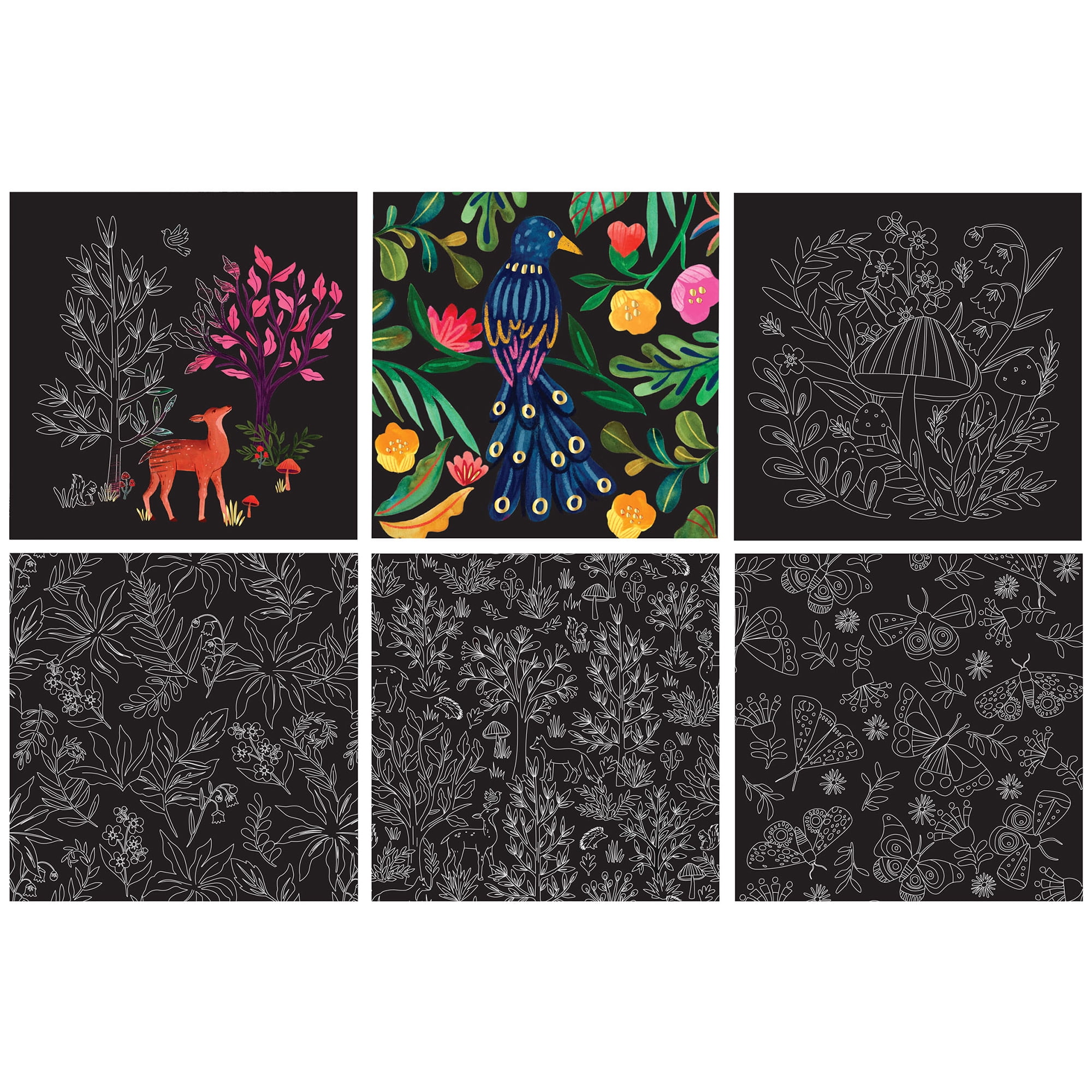 Brea Reese: Scratch Art Paper Pad - Woodland - 12 Sheets, 6 Guided Nature Designs, Metallic Accents, Dual-Tip Stylus & Brush, 8x8" Pages, Adult Craft