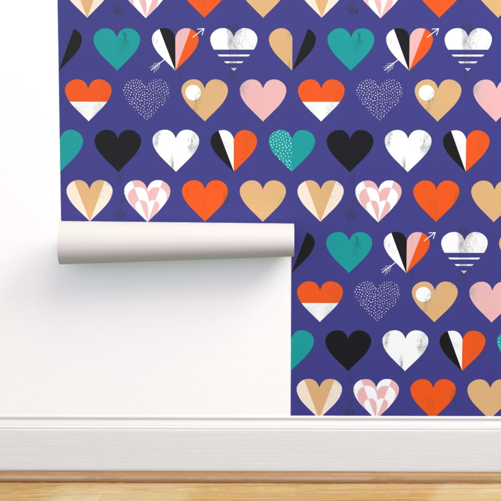 Peel & Stick Wallpaper 12ft x 2ft - Blue Mod Heart Love Valentine Bold  Graphic Doodles Orange Purple Colour Block Cupid Geometric Custom Removable  Wallpaper by Spoonflower 