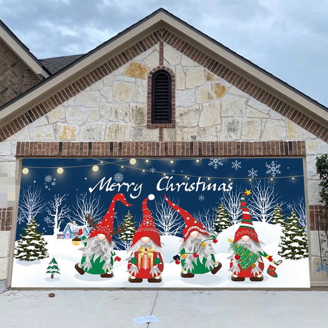 Housse de Porte de Garage de Noël 13x6FT avec Père Noël et Flocons de Neige - Décoration Extérieure Réutilisable en Polyester pour la Maison et les Fêtes