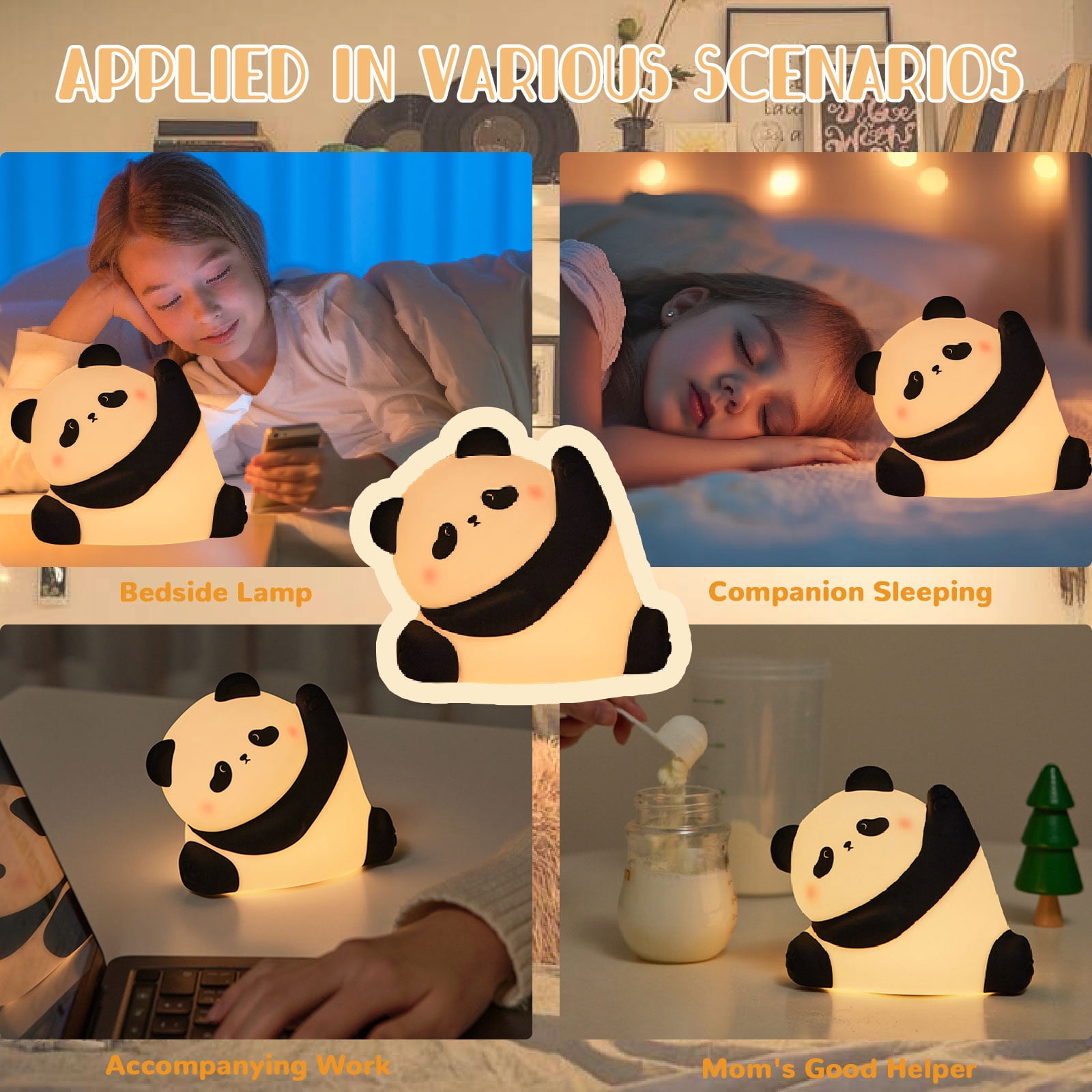 Cute Panda Night Light for Kids, Silicone Nursery Lamp with 3 Brightness Dimmable, 1800mAh Rechargeable Bedside Touch Lamp, LED Table Lamp 30 Minutes Timer, Squishy Night Light for Toddler Boy Girls