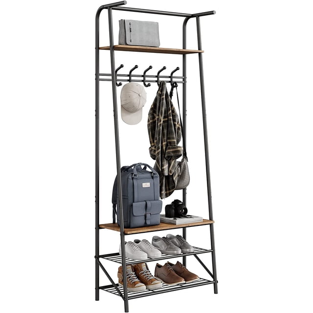 OUYAWEI 4-Tier Rack,Hall Tree with Bench and Shoe Storage,with 5 Hooks,Shoe Shelves,Freestanding Coat and Shoe Rack Entryway,4-in-1 Wood Coat Stand,for Entryway,Living Room
