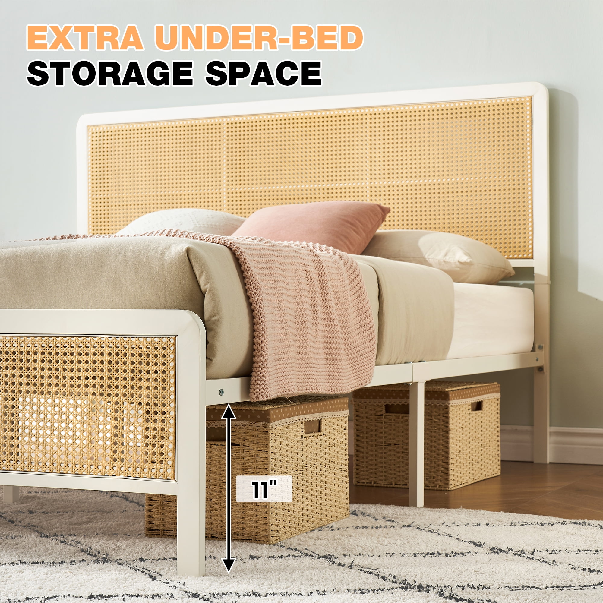 Full Size Bed Frame with Rattan Headboard and Footboard, Platform Full Bed Frame with Safe Rounded Corners, Strong Metal Slats Support, Mattress Foundation, Noise-Free, White