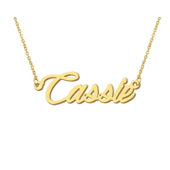 HUAN XUN 18k Gold Plated Cassie Name Necklace Stainless Steel Nameplate Necklaces for Womens Mens Mother Day Christmas Jewelry Gift