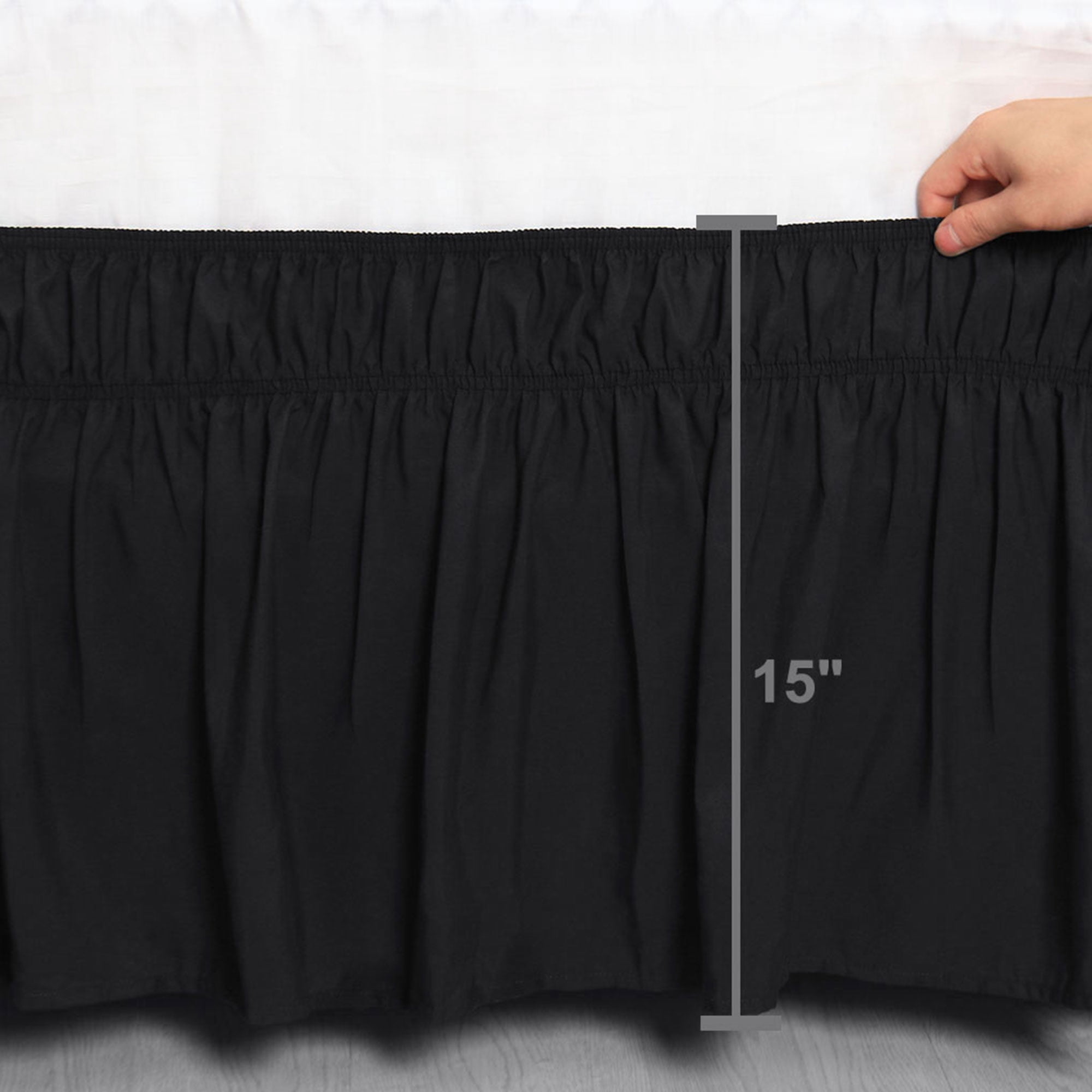 REGALWOVEN Bed Skirt Polyester Elastic Wrap Around Dust Ruffle, Queen Black