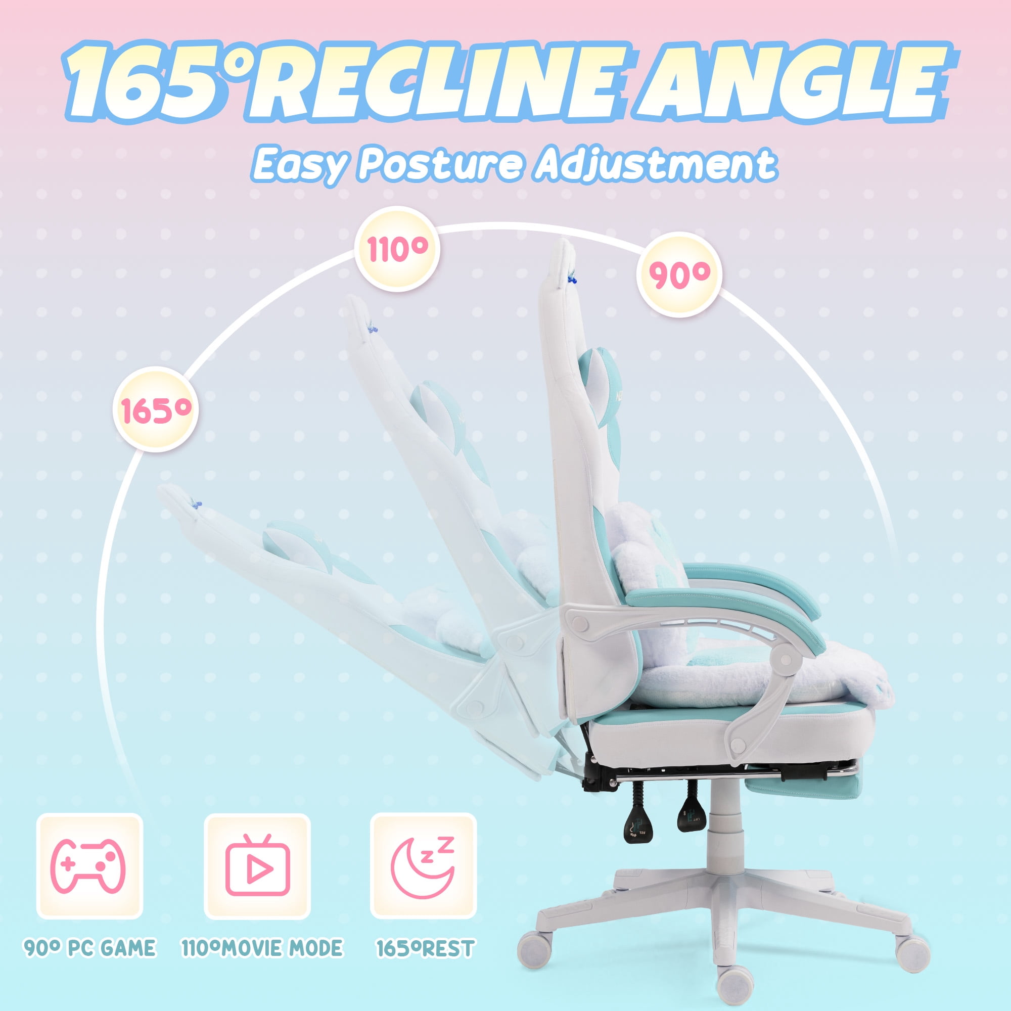 KARXAS Adult Cute Cat Ear Paw Print Reclining Fabric PC Gaming Chair with Footrest and Lumbar Support, Blue/White