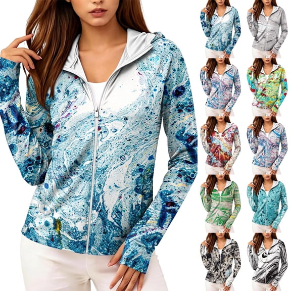 UPF 50 Sun Protection Hoodie for Women - Abstract Fluid Art Print Long Sleeve Zip Up Jacket with Thumbholes & Pockets, Lightweight Summer Active Rash Guard Black L