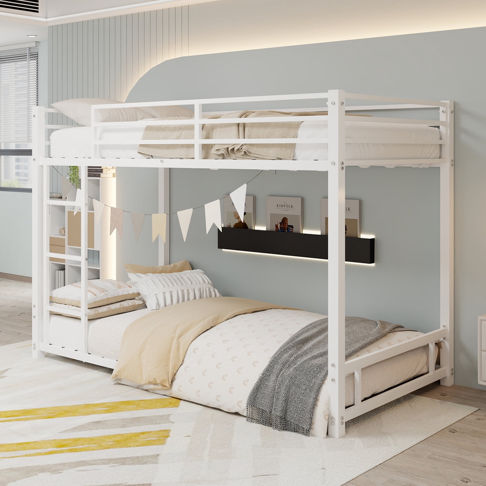Metal Twin over Twin Bunk Bed/ Heavy-duty Sturdy Metal/ Noise Reduced/ Safety Guardrail,White