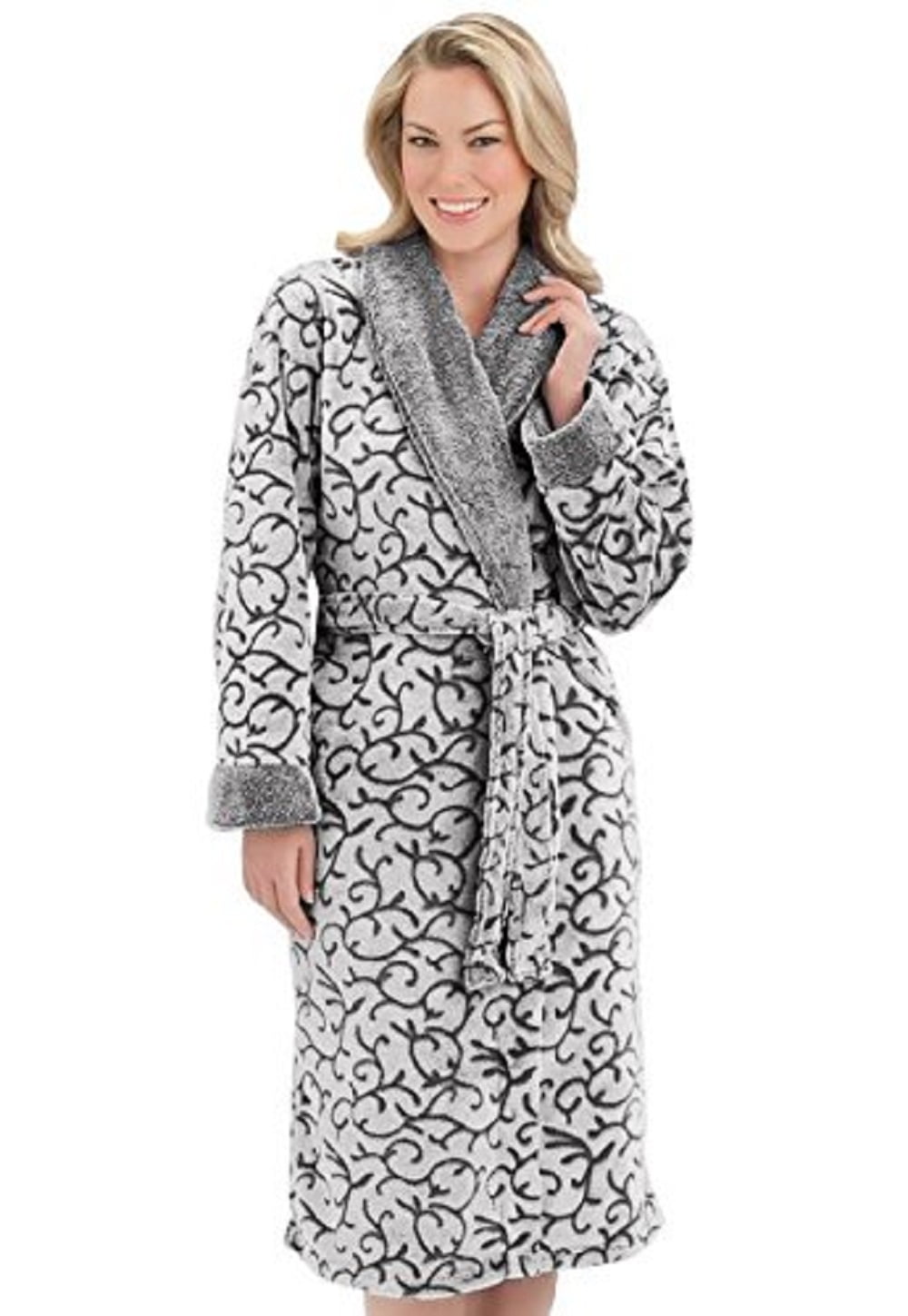 EZI Women's Jacquard Luxury Plush Fleece Velour House Lounge Robe