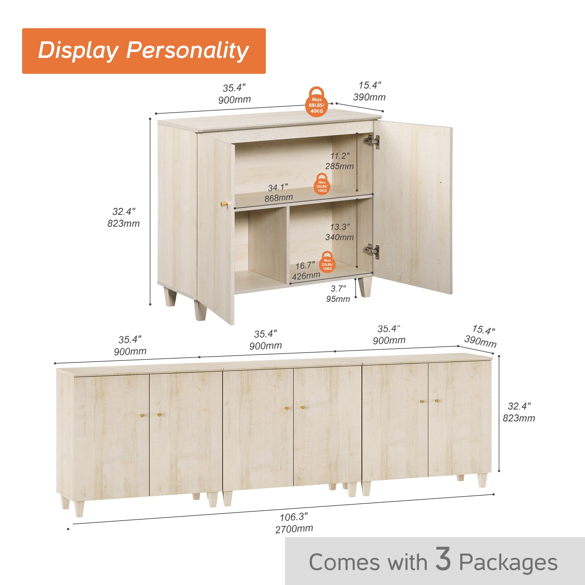 Sideboard Buffet Cabinet with 9 Compartments, 106" Wide, Light Oak Wood Finish