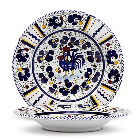 ORVIETO BLUE ROOSTER Rim Pasta Soup Bowl [Br0002] ~ Authentic Hand Painted In Deruta, Italy. Original Design. Shipped From The Usa With Certificate Of Authenticity.
