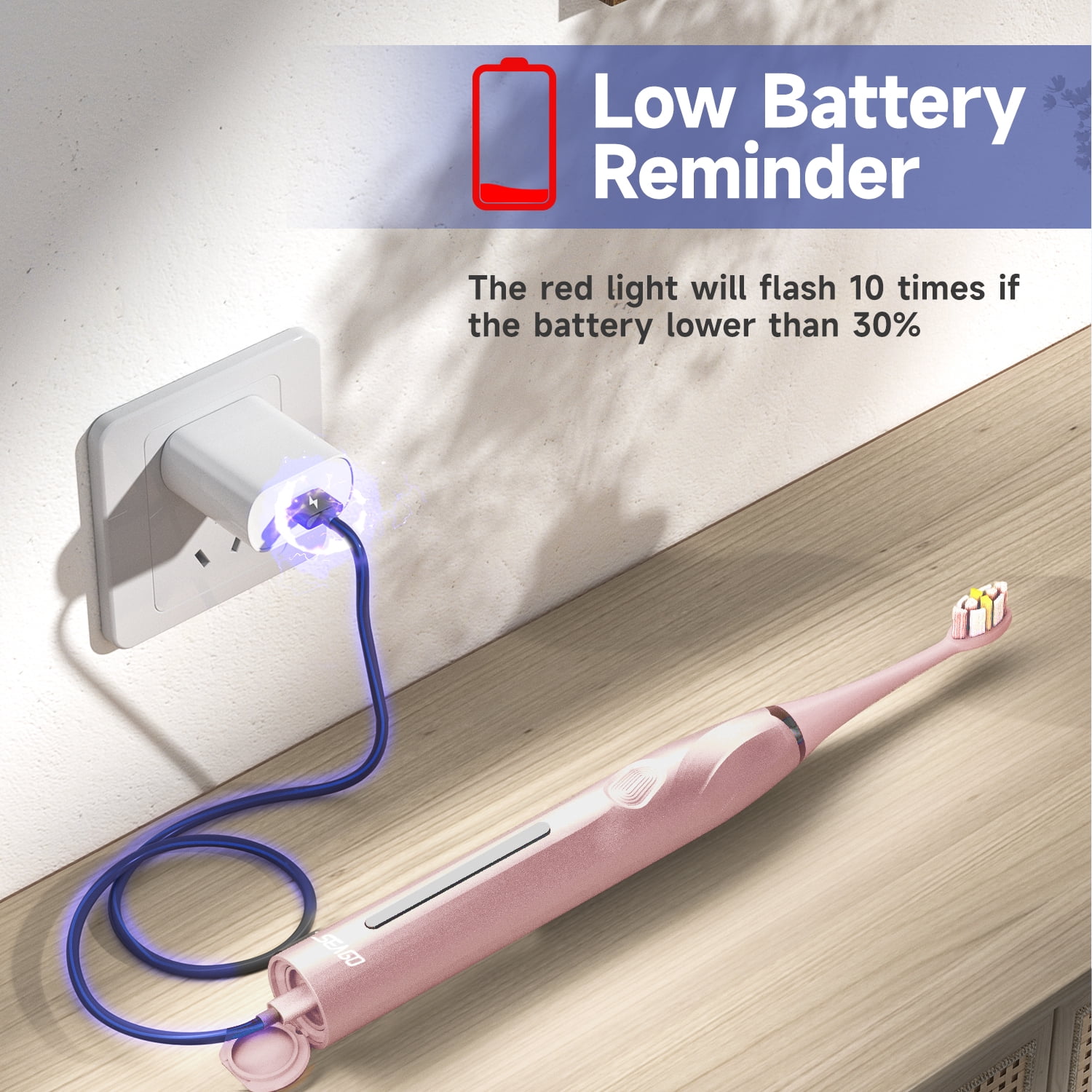 Seago Sonic Power Toothbrush, Rechargeable Electric Toothbrush with Pressure Sensor, 8 Soft Bristle Heads,5 Modes, Pink SG-2752