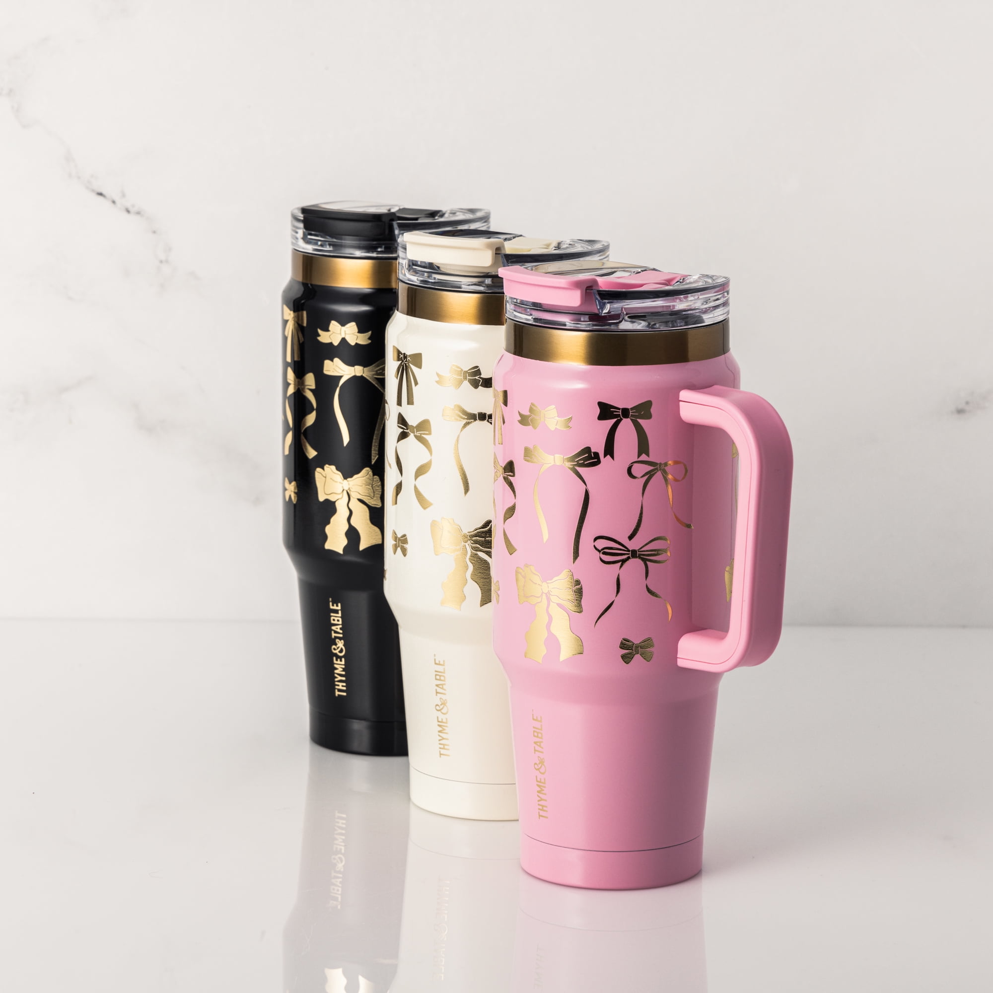 Thyme & Table 32 fl oz Stainless Steel Luna Tumbler with Handle and Dual Straw Lid, Pink & Gold Bows