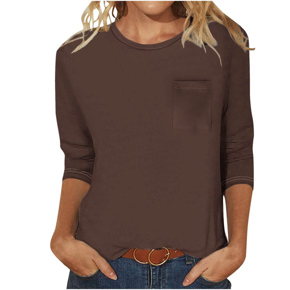 Haut Décontracté pour Femmes, Couleur Unie, Col Rond, Manches 3/4 et Poche à Manches 3/4
