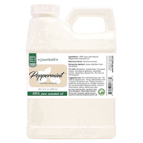 GreenHealth Peppermint Essential Oil, 16 fl oz – 100% Pure Essential Oil, Aromatherapy Grade – Space-Saving FDA-Compliant Jug with Child-Resistant Cap