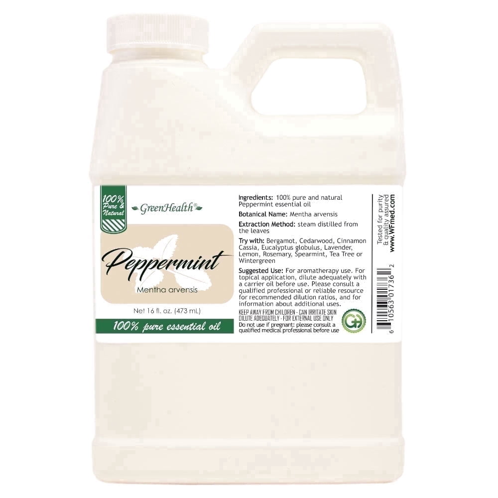 GreenHealth Peppermint Essential Oil, 16 fl oz – 100% Pure Essential Oil, Aromatherapy Grade – Space-Saving FDA-Compliant Jug with Child-Resistant Cap
