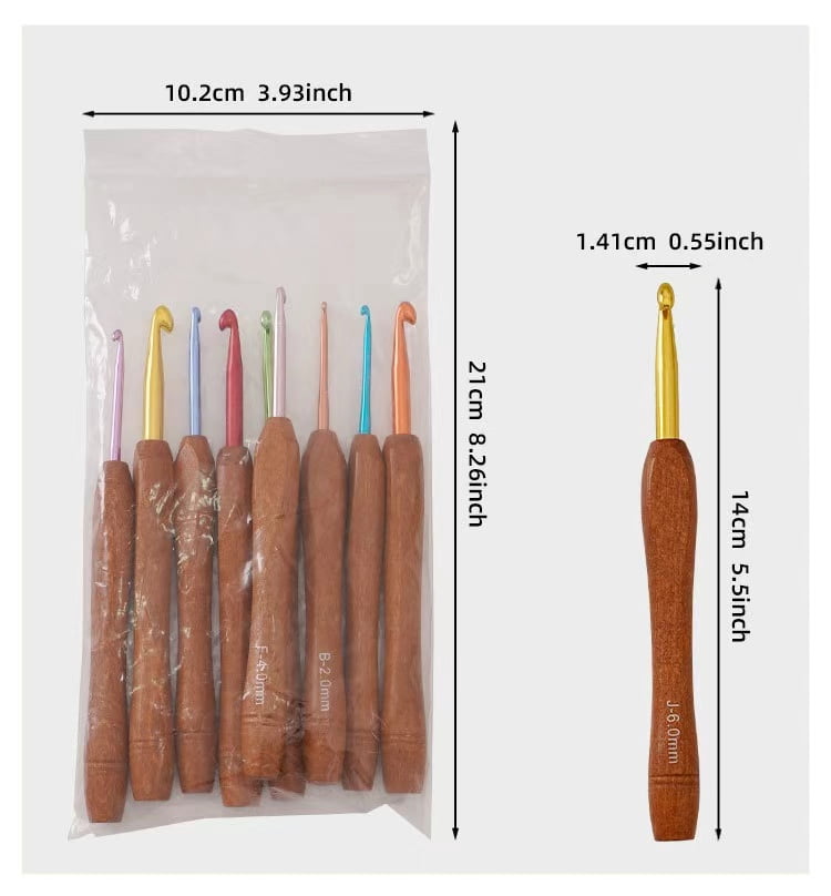 Vruelia Wooden Crochet Hook Set, 9 Piece Bamboo Set Multicolor Aluminum for Yarn 2-6mm