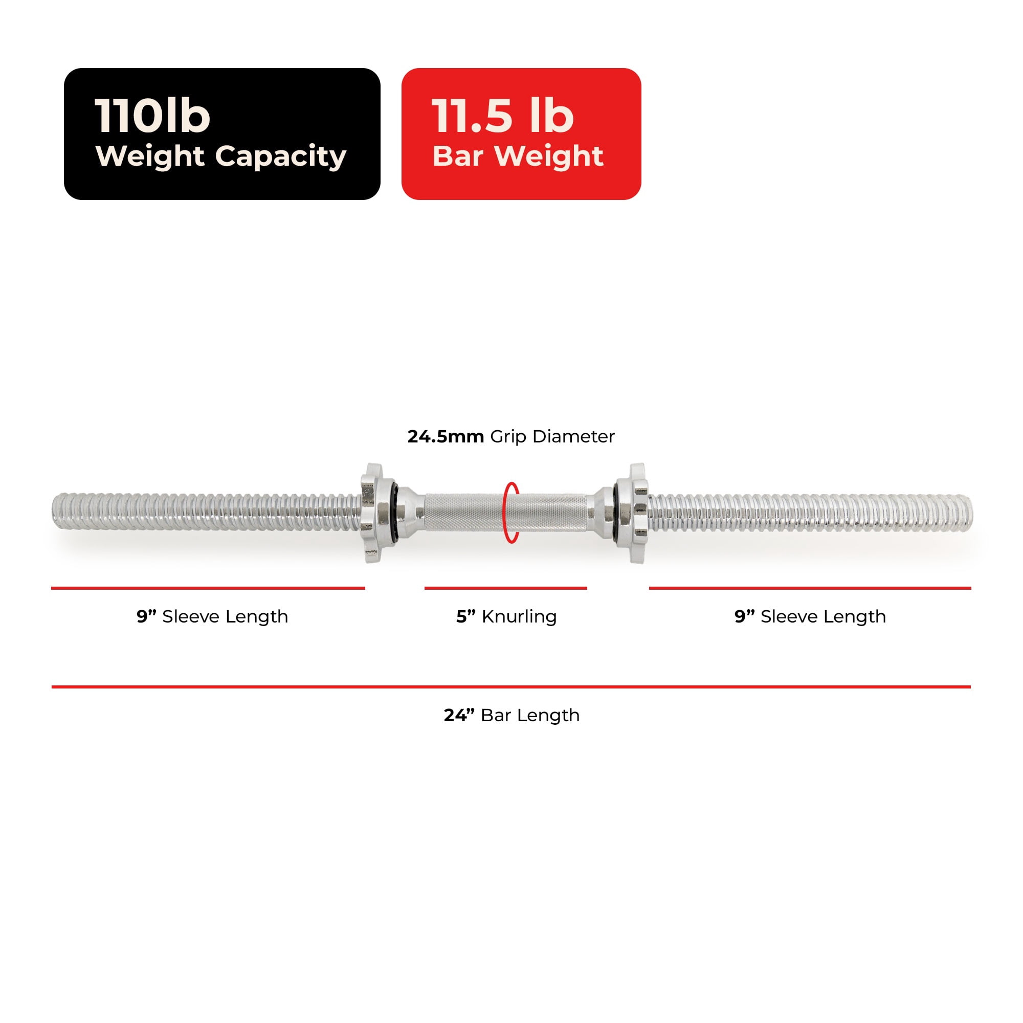 Sunny Health & Fitness Standard 24” Threaded Chrome Dumbbell Bar Set with Star-Lock Collars - SF-SB01-24