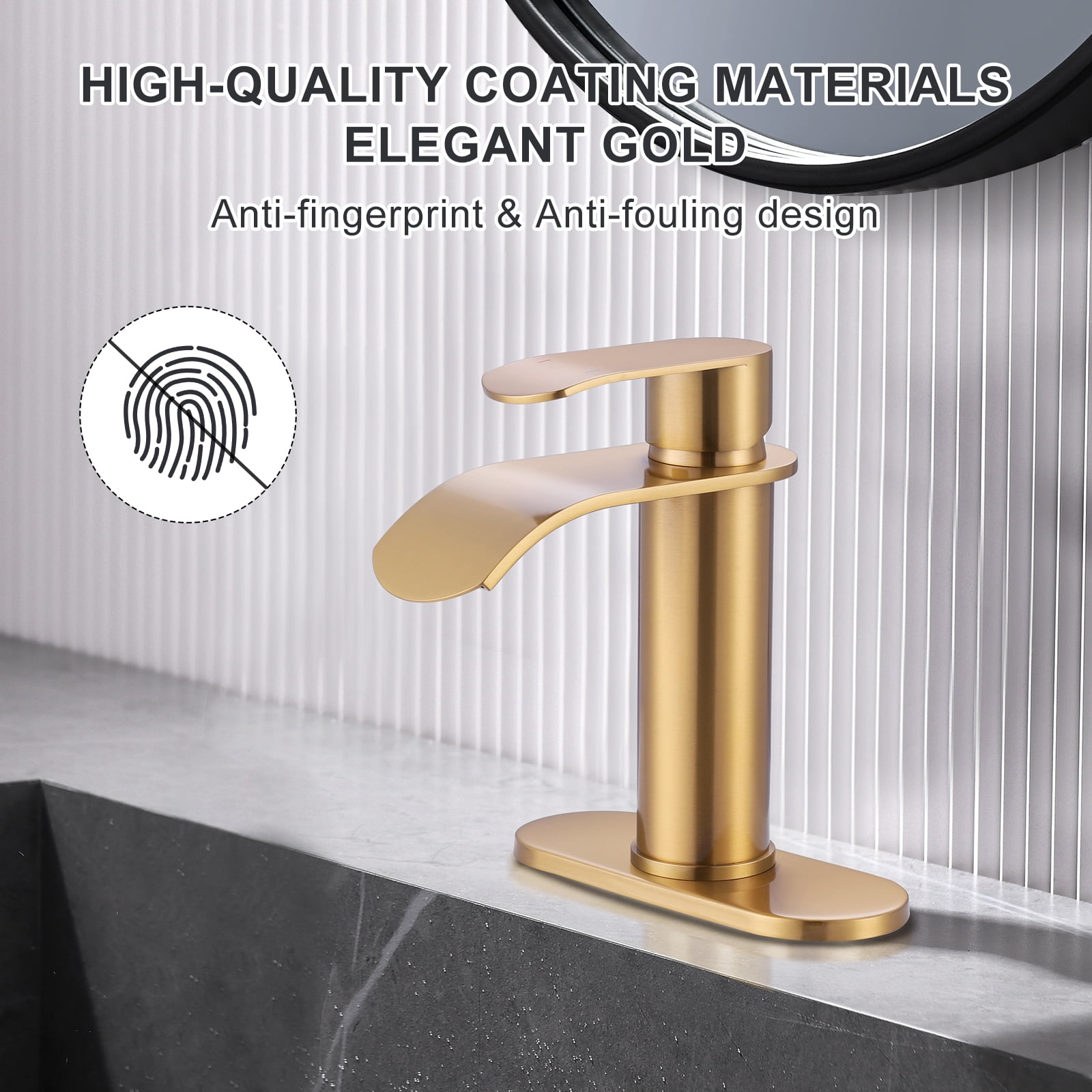 WOWOW Waterfall Bathroom Faucet, Gold Bathroom Sink Faucet for 1 Hole or 3 Holes, Single Handle Vanity Faucet with Metal Pop up Drain, Stainless Steel Basin Sink Faucet Tap for RV Lavatory