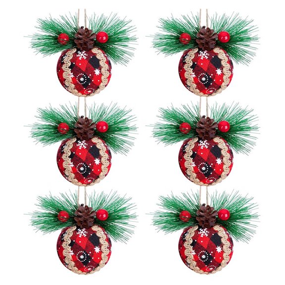 Rustic Christmas Tree Ornaments - 2" Black & Red Buffalo Plaid Fabric Ball with Pine Cones & Greenery, Shatterproof Xmas Hanging Decoration for Farmhouse Family Indoor/Outdoor - MUTOCAR 6/12pcs