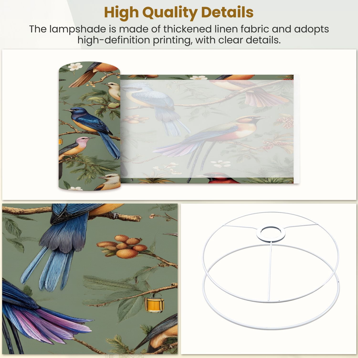 Linen Drum Lampshades Oriental Bird Vintage Green Floral Birds Tropical Plants Floral 13"x13"x10" Light Shade for Table Lamps Floor Lamps Drum Lamp Shades Lampshade Replacement Assembly Required