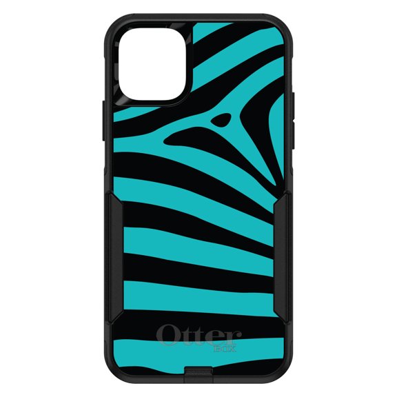 DistinctInk OtterBox Commuter Custom Case for Apple iPhone 15 (6.1" Screen) - Teal Black Zebra Stripes - Tempered Glass Back