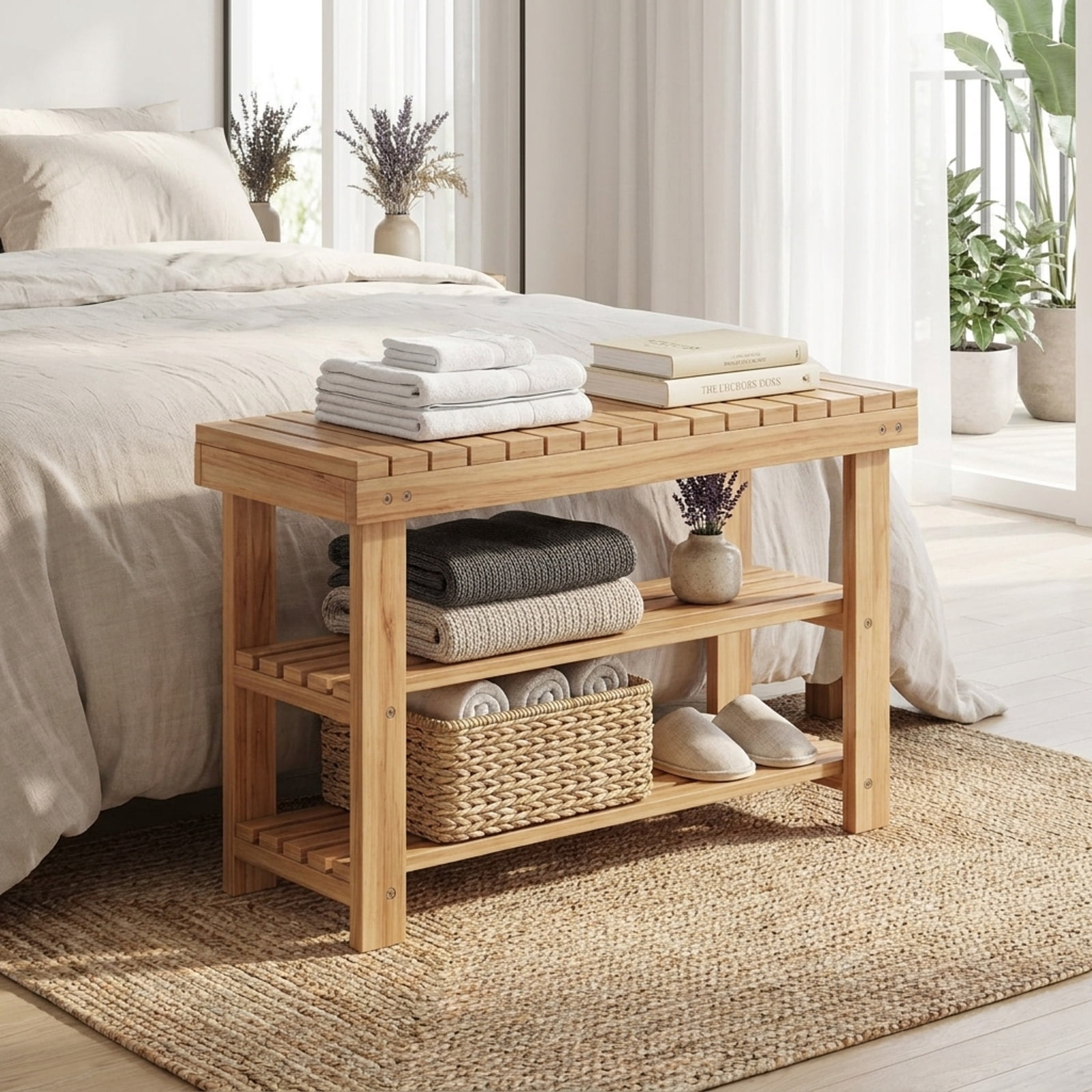Furnibear 3 Tier Solid Wood Shoe Rack Bench with Slatted Shelves for Entryway Hallway and Living Room Shoe Storage Medium Size, Natural