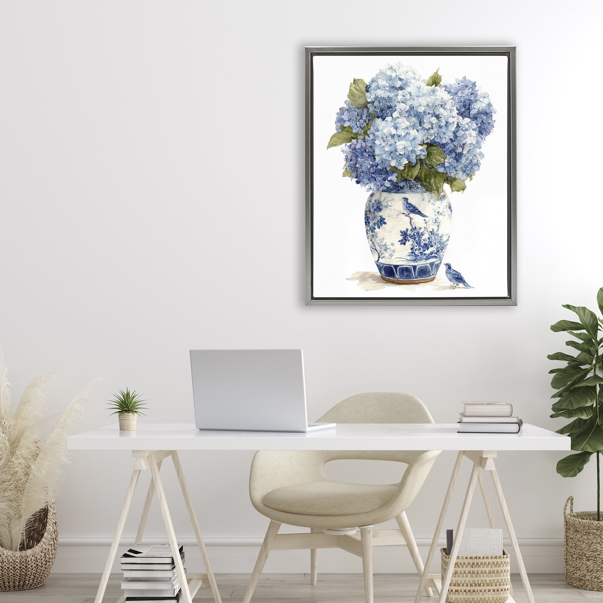 Stupell Industries Blue Bird & Hydrangea Vase Gray Framed Floater Canvas Wall Art, design by Imagine It Images