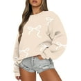 thumbnail image 3 of Women Tops Women's Long Sleeve Sweatshirt Casual Crewneck Loose Fit Pullover Fleece Tops, Bow Print Fall Winter Fashion with Soft Fabric for Comfortable Wear,Beige,L, 3 of 6