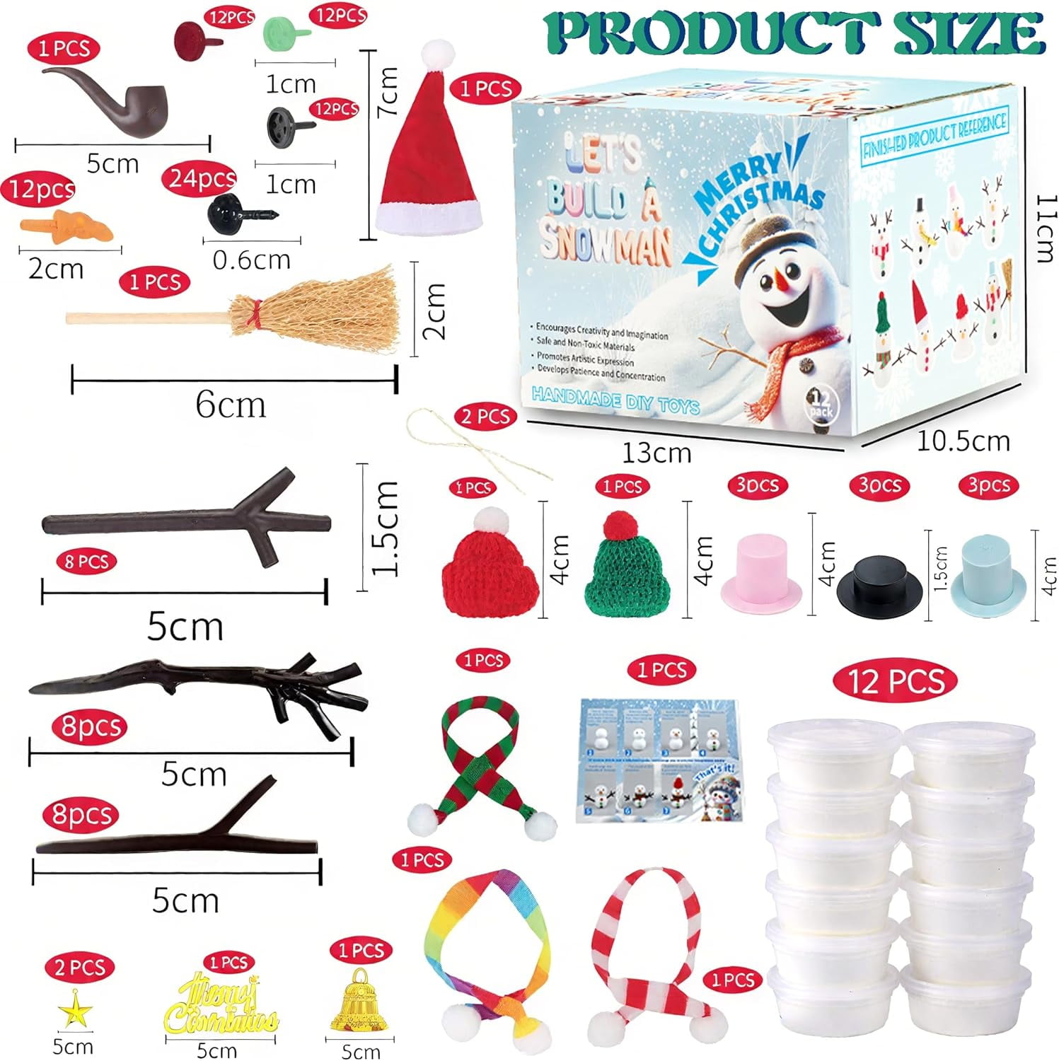 12Pack Build a Snowman Kit - Christmas Crafts,Air Dry Clay Snowman Crafts,Modeling Clay Snowman DIY Kit,Christmas Crafts Xmas Holiday Party Decor Gift